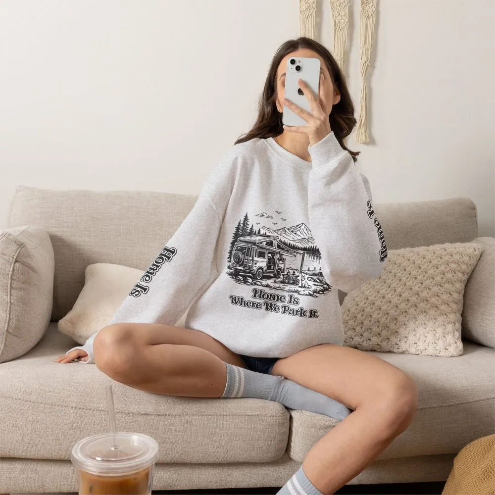 1044982107198200772_2048.jpeg Unisex Heavy Blend™ Crewneck Sweatshirt — "Home Is Where You Park It" Design Minimal-Line