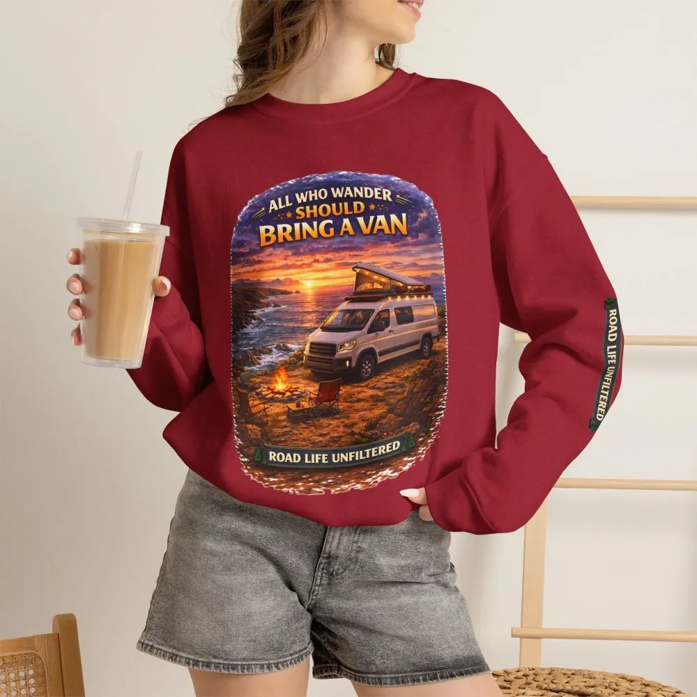 10475176051094947212_2048.jpeg Unisex Heavy Blend™ Crewneck Sweatshirt — "All Who wander Should Bring A Van" Design Scenic-Line