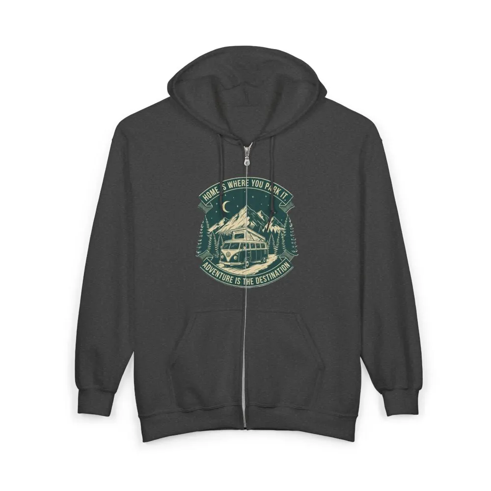 10483885634408484781_2048.jpeg Zip Hoodie — "Home Is Where You Park It-Adventure is the destination"(Only Front Printed) Camper Van Adventure Zip-Up