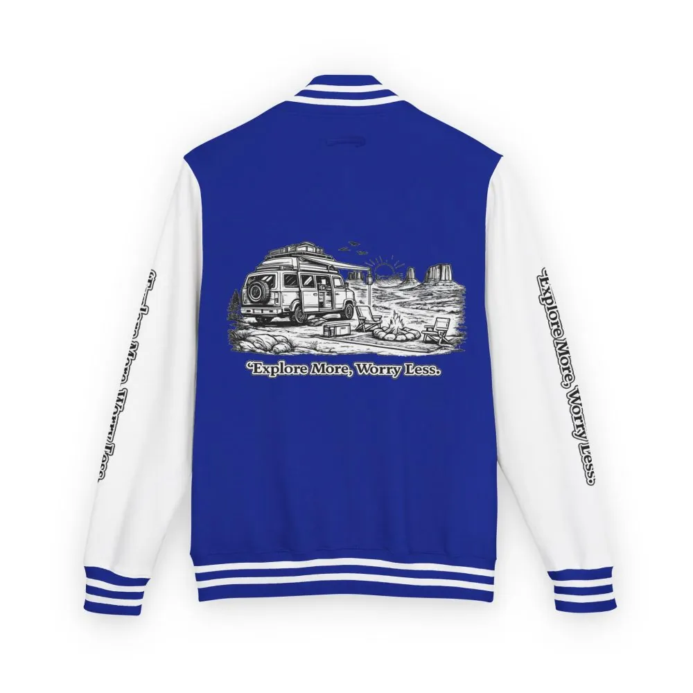 10510726348889470642_2048.jpeg Unisex Heavyweight Letterman Jacket — "Explore More Worry Less" Travel Varsity Coat