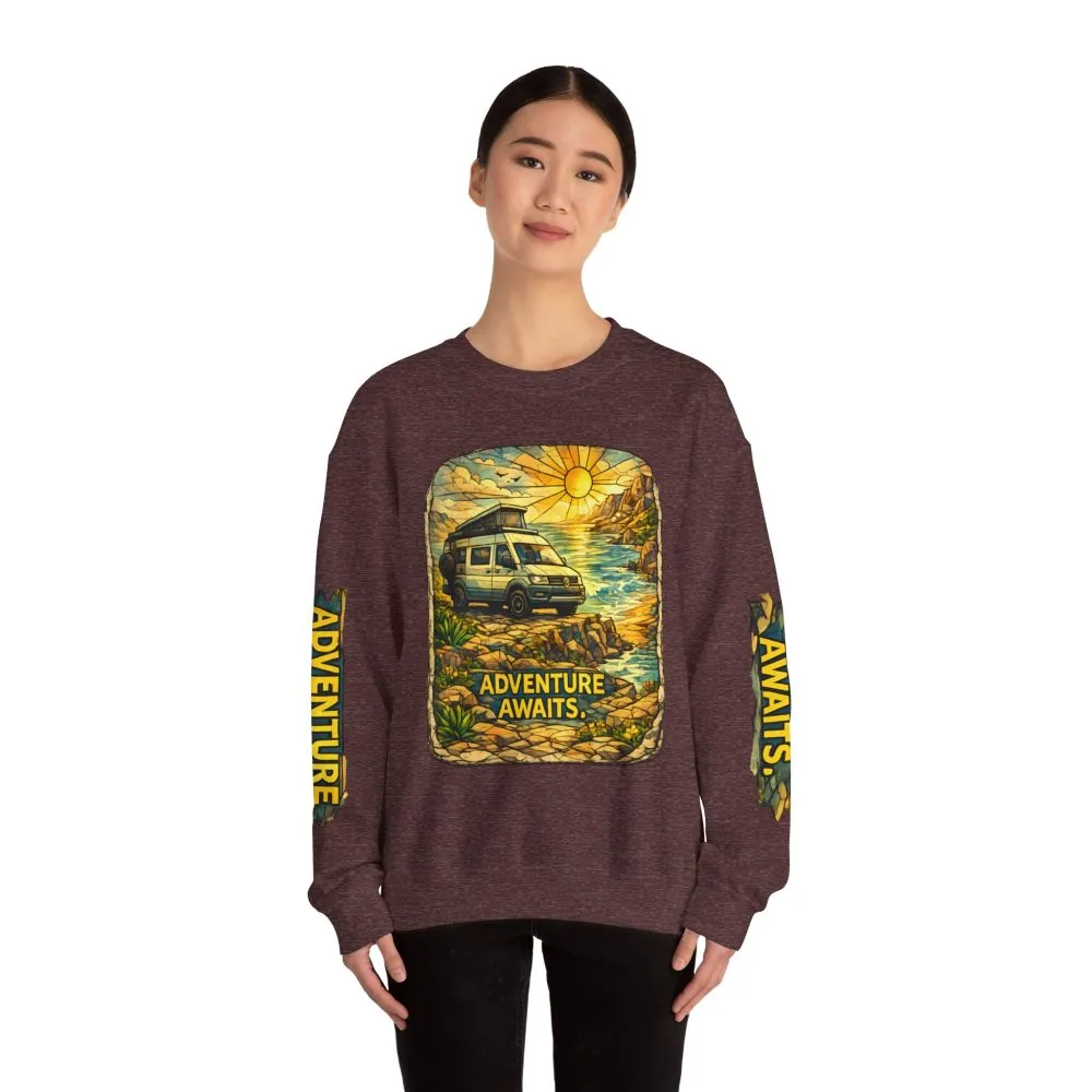 Unisex Heavy Blend™ Crewneck Sweatshirt — "Adventure Awaits" Design Cubic-Line