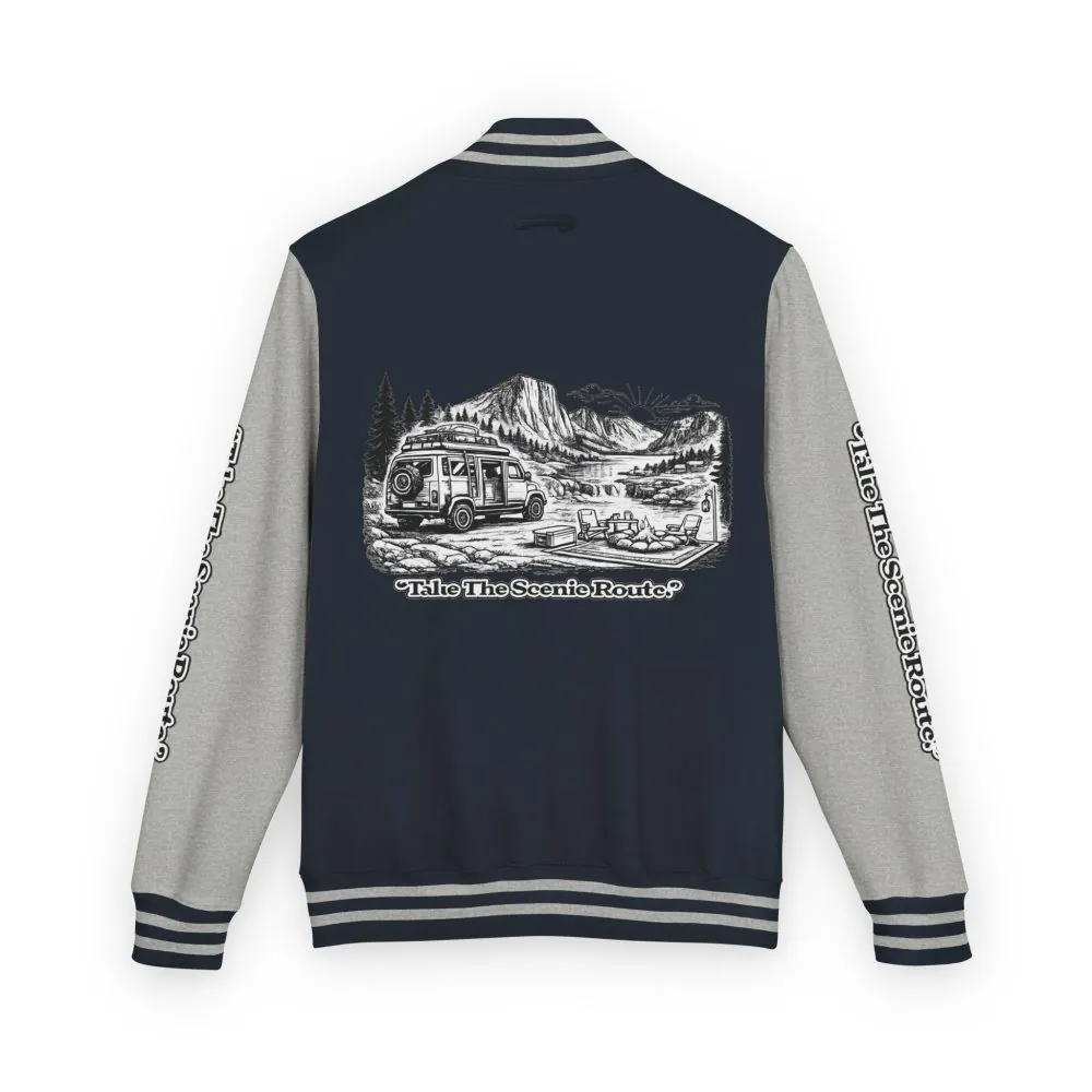 1054904772087044072_2048.jpeg Unisex Heavyweight Letterman Jacket — "Take The Scenic Route" Travel Varsity Coat