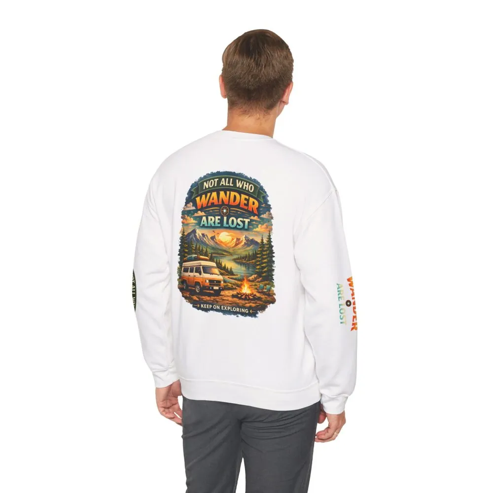 Unisex Heavy Blend™ Crewneck Sweatshirt — "Not All Who Wander Are Lost" Design Scenic-Line