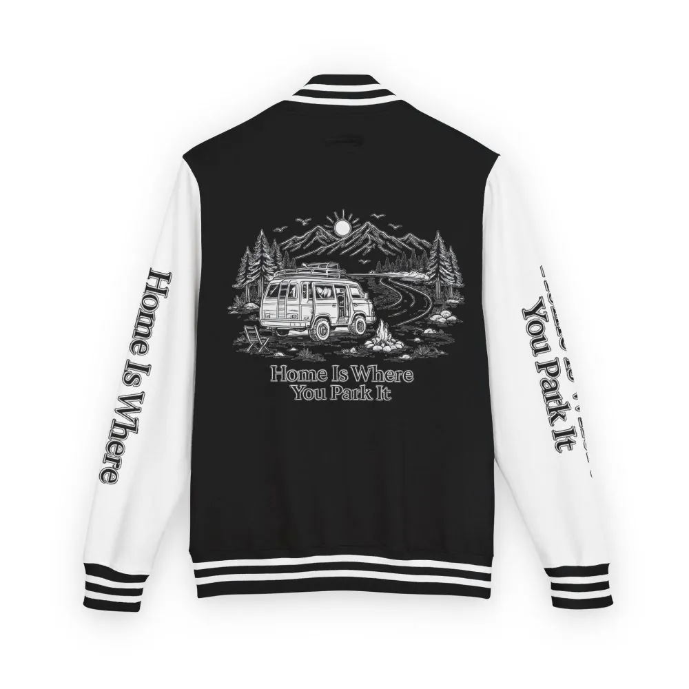 10573774692533508385_2048.jpeg Unisex Heavyweight Letterman Jacket — "Home Is Where You Park It" Travel Varsity Coat