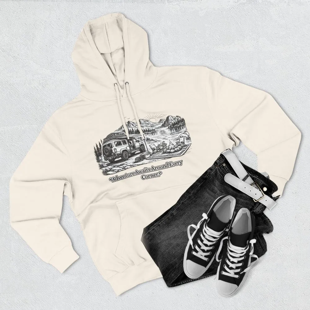 10594995045870702860_2048.jpeg Three-Panel Fleece Hoodie - "Adventure Awaits Around Every Corner" Design Minimal-Line
