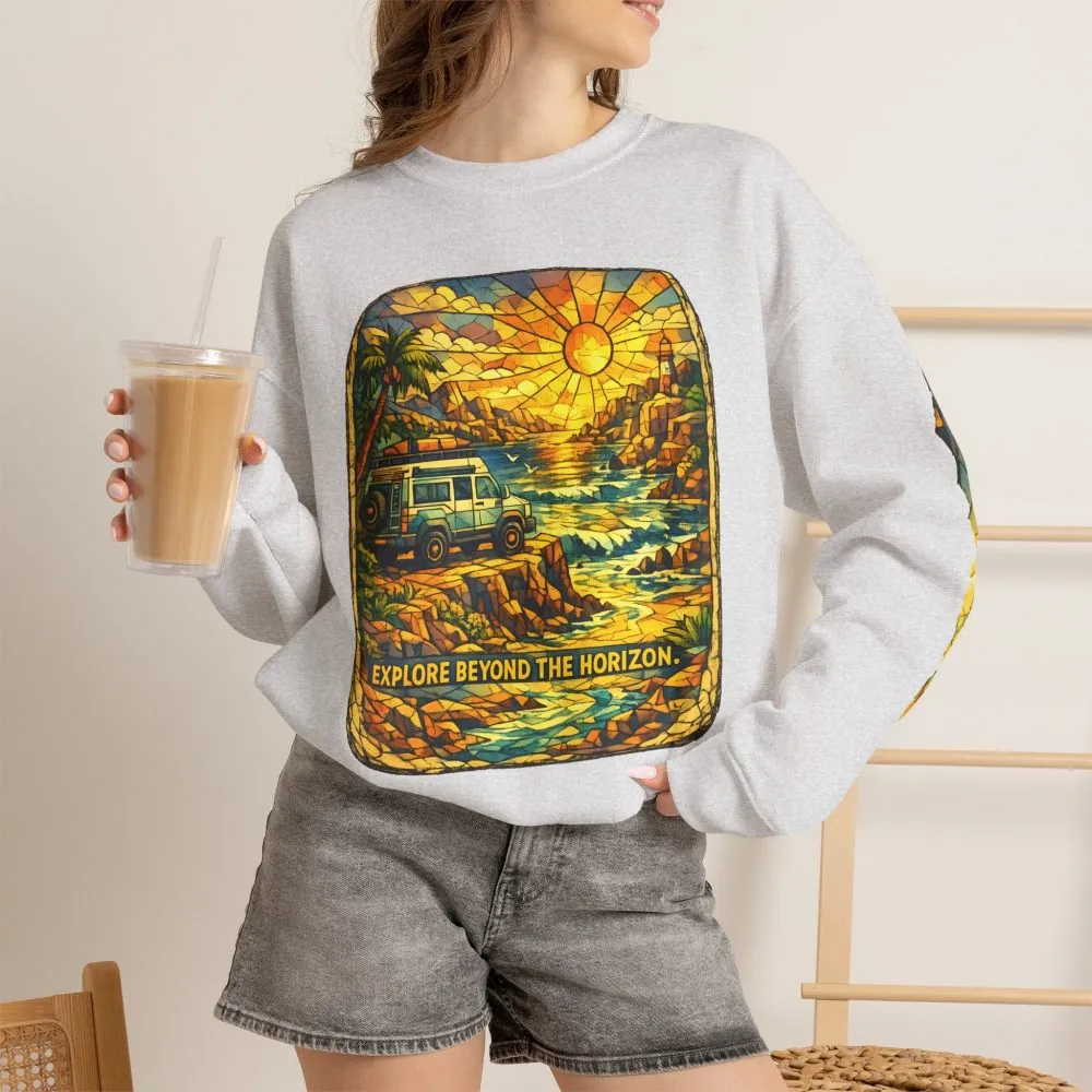 Unisex Heavy Blend™ Crewneck Sweatshirt — "Explore Beyond The Horizon" Design Cubic-Line