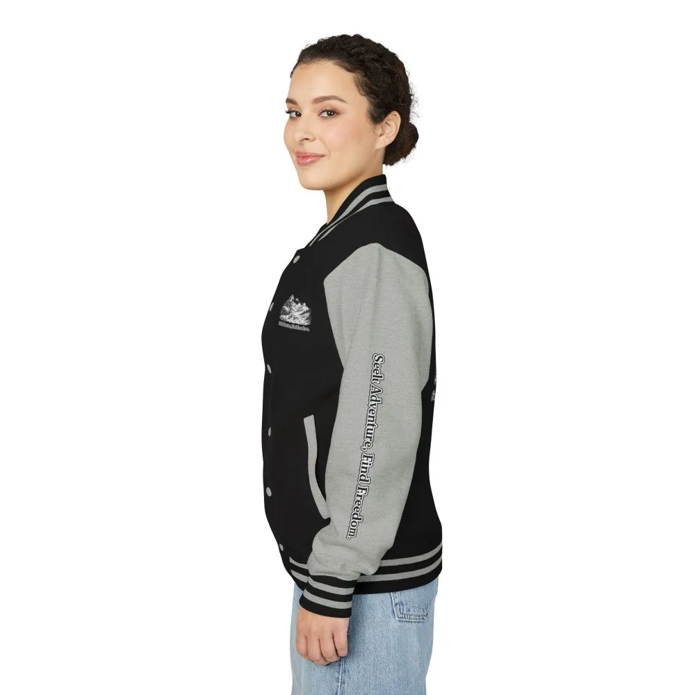 Unisex Heavyweight Letterman Jacket — "Seek Adventure, Find Freedom" Travel Varsity Coat