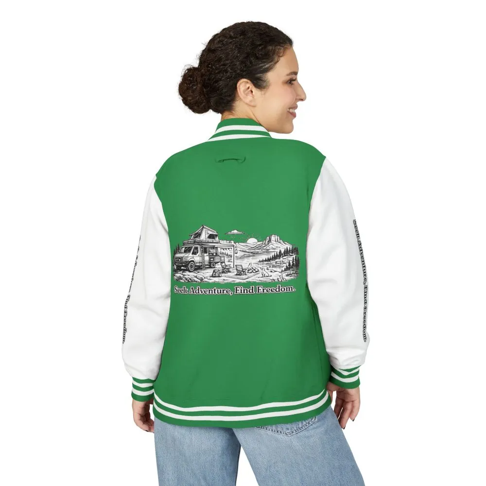 Unisex Heavyweight Letterman Jacket — "Seek Adventure, Find Freedom" Travel Varsity Coat