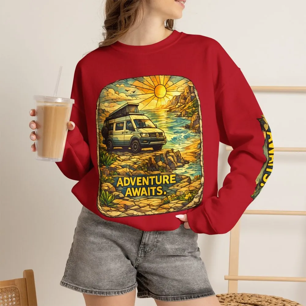 Unisex Heavy Blend™ Crewneck Sweatshirt — "Adventure Awaits" Design Cubic-Line