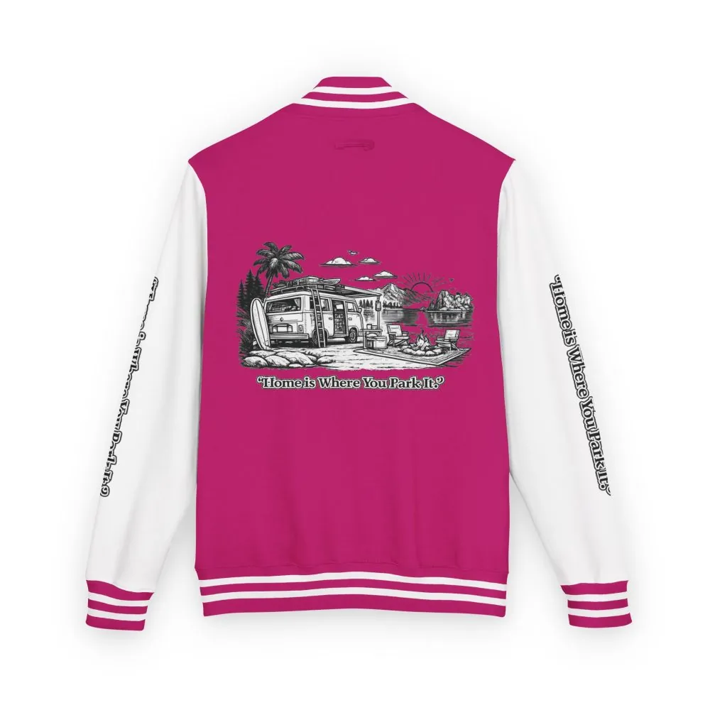 10778175842596451556_2048.jpeg Unisex Heavyweight Letterman Jacket — "Home Is Where You Park It" Travel Varsity Coat