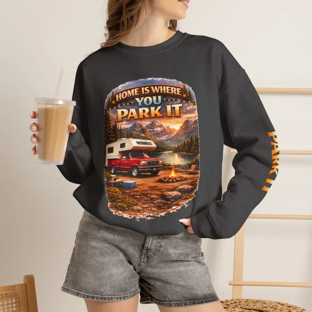10799338844612879486_2048.jpeg Unisex Heavy Blend™ Crewneck Sweatshirt — "Home Is Where You Park It" Design Scenic-Line