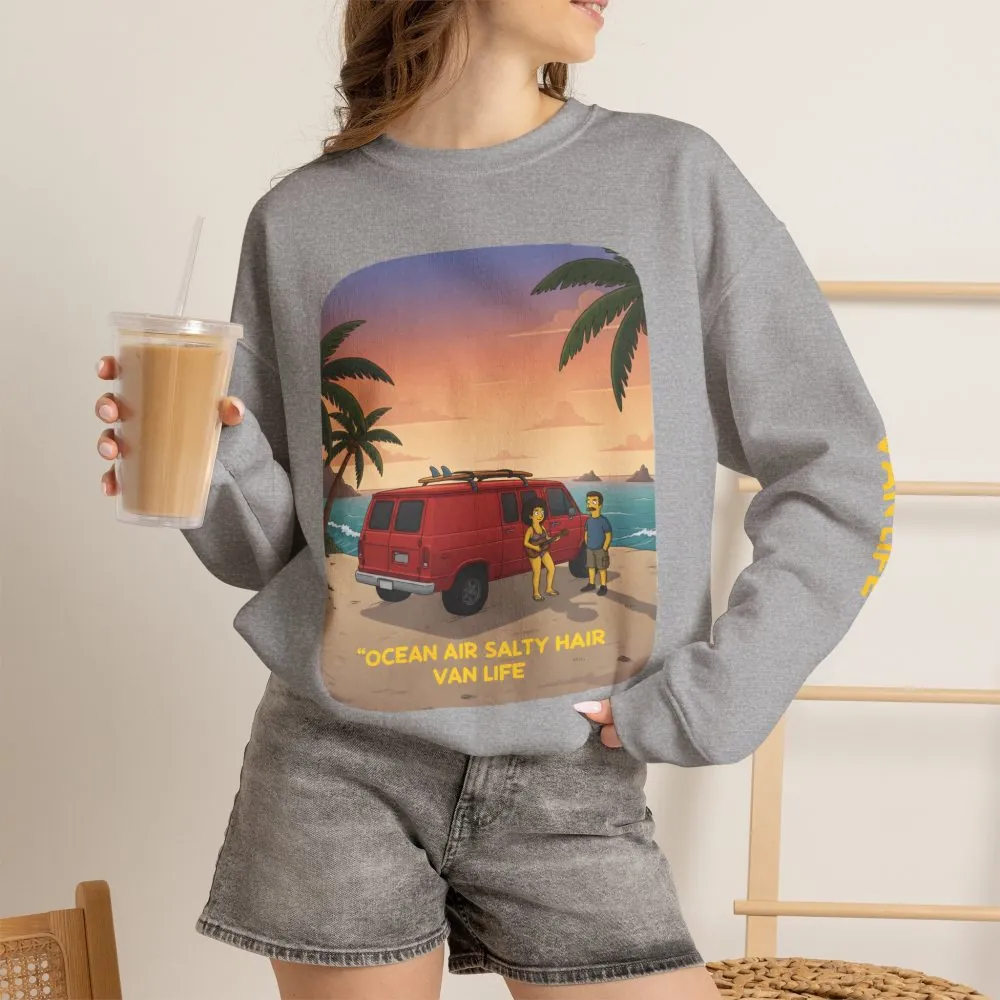 Unisex Heavy Blend™ Crewneck Sweatshirt — "Ocean Air Salty Hair Van Life" Design Sitcom-Line