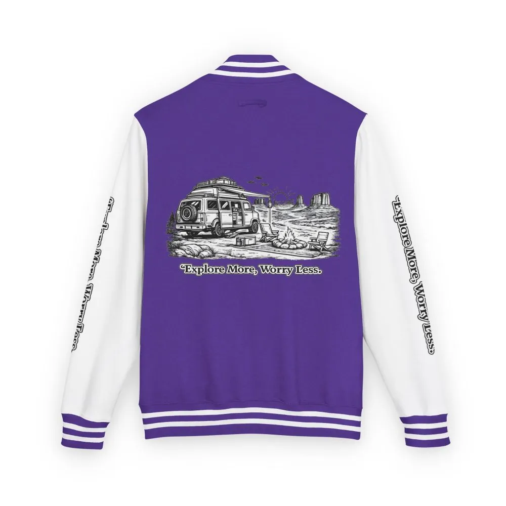 10827760942188597234_2048.jpeg Unisex Heavyweight Letterman Jacket — "Explore More Worry Less" Travel Varsity Coat