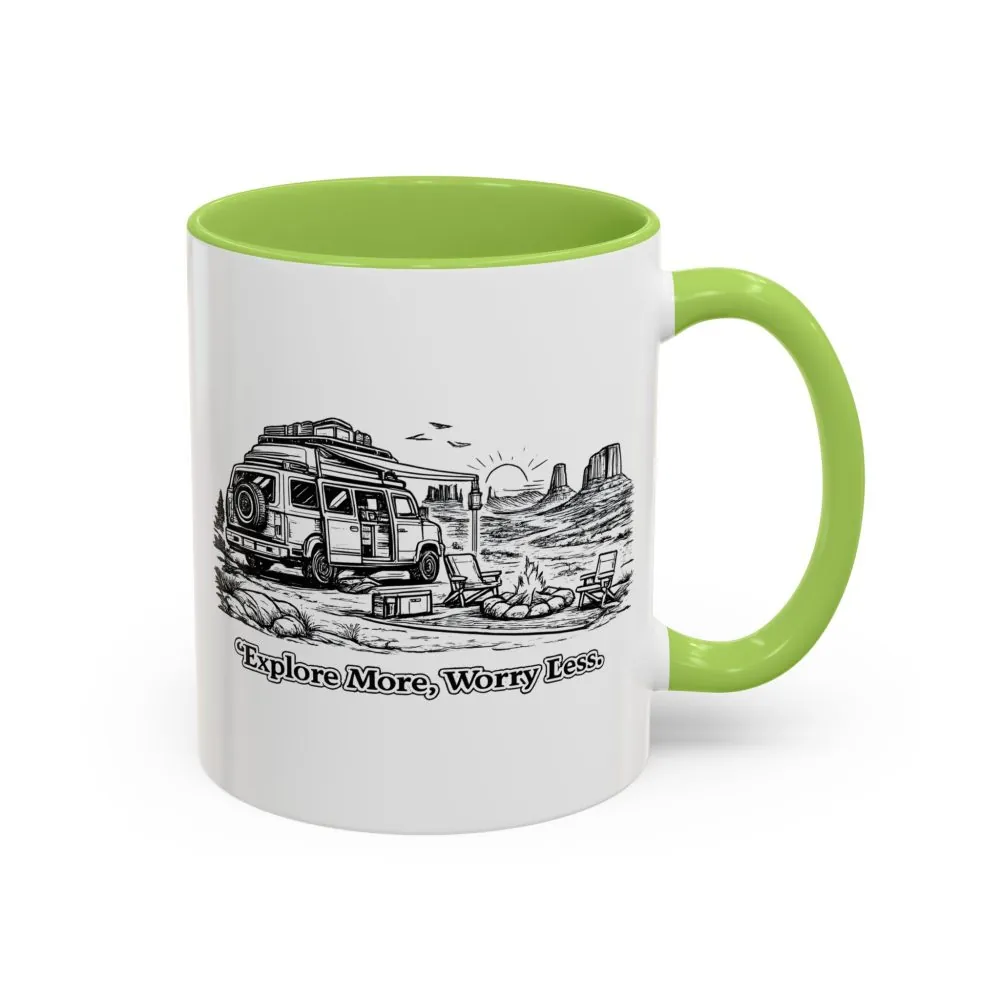 Accent Coffee Mug (11, 15oz) — "Explore More Worry Less" Design Minimal-Line