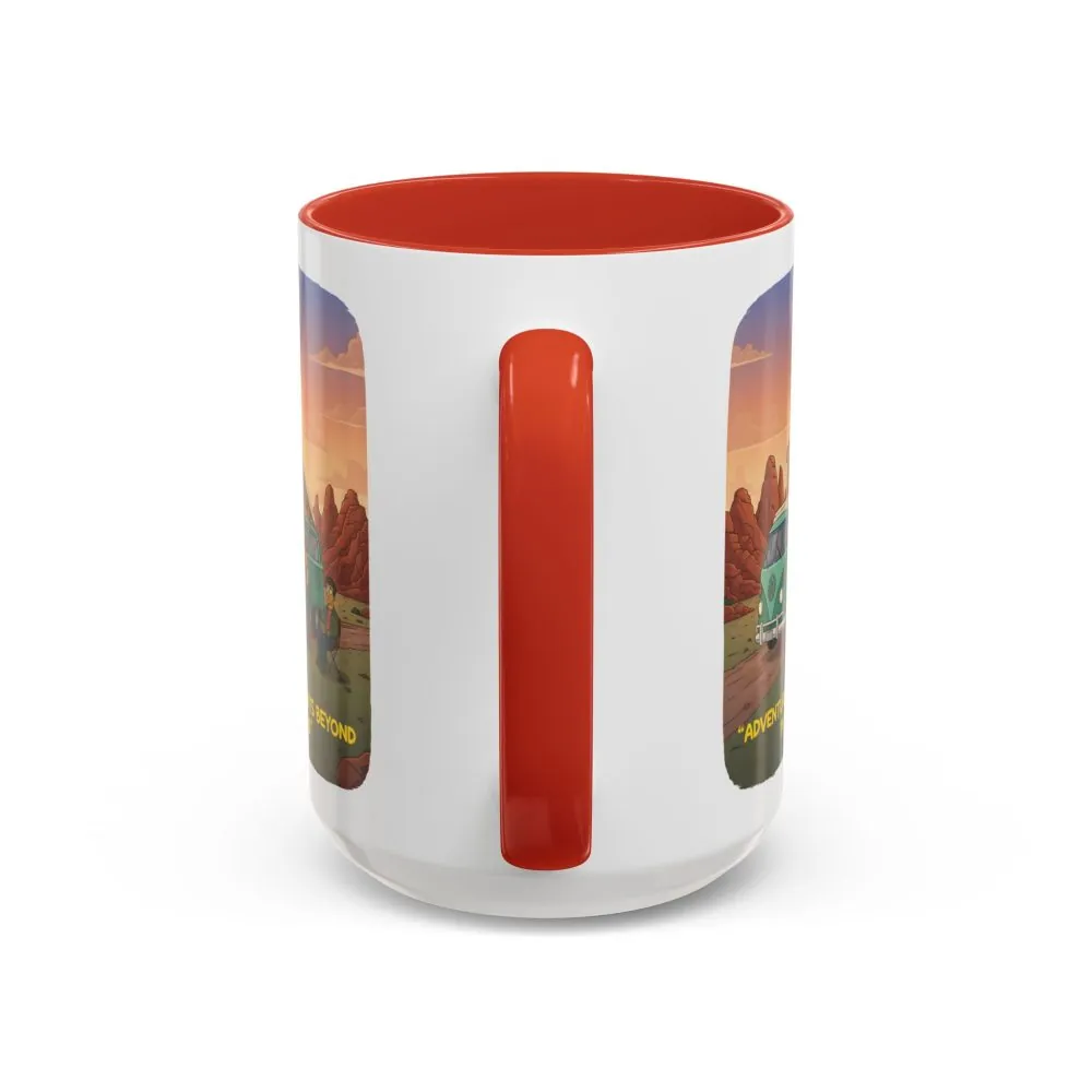 Accent Coffee Mug (11, 15oz) — "Adventure Awaits Beyond The Road" Design Sitcom-Line