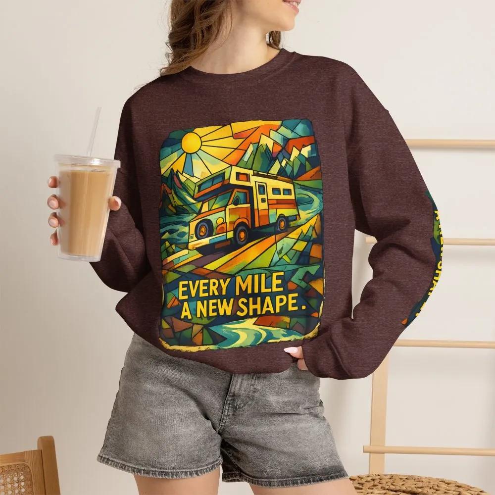 Unisex Heavy Blend™ Crewneck Sweatshirt — "Every Mile A New Shape" Design Cubic-Line