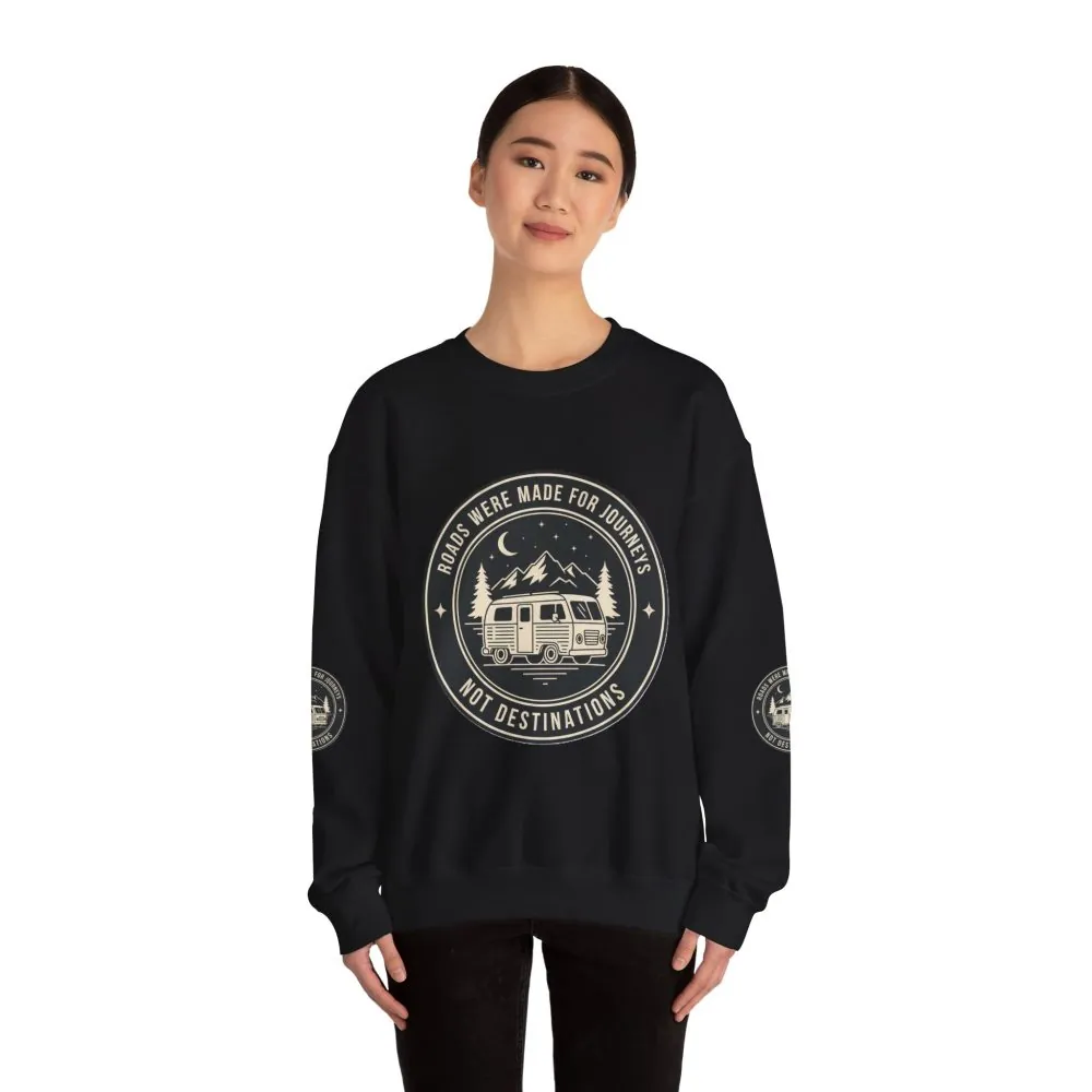 10933154002324033762_2048.jpeg Crewneck Sweatshirt — "ROAD WHERE MADE FOR JOURNEYS-NOT DESTINATIONS" (Font + Back + Sleaves printed) Vintage Camper Van Outdoor Graphic