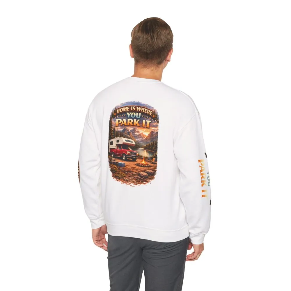 Unisex Heavy Blend™ Crewneck Sweatshirt — "Home Is Where You Park It" Design Scenic-Line
