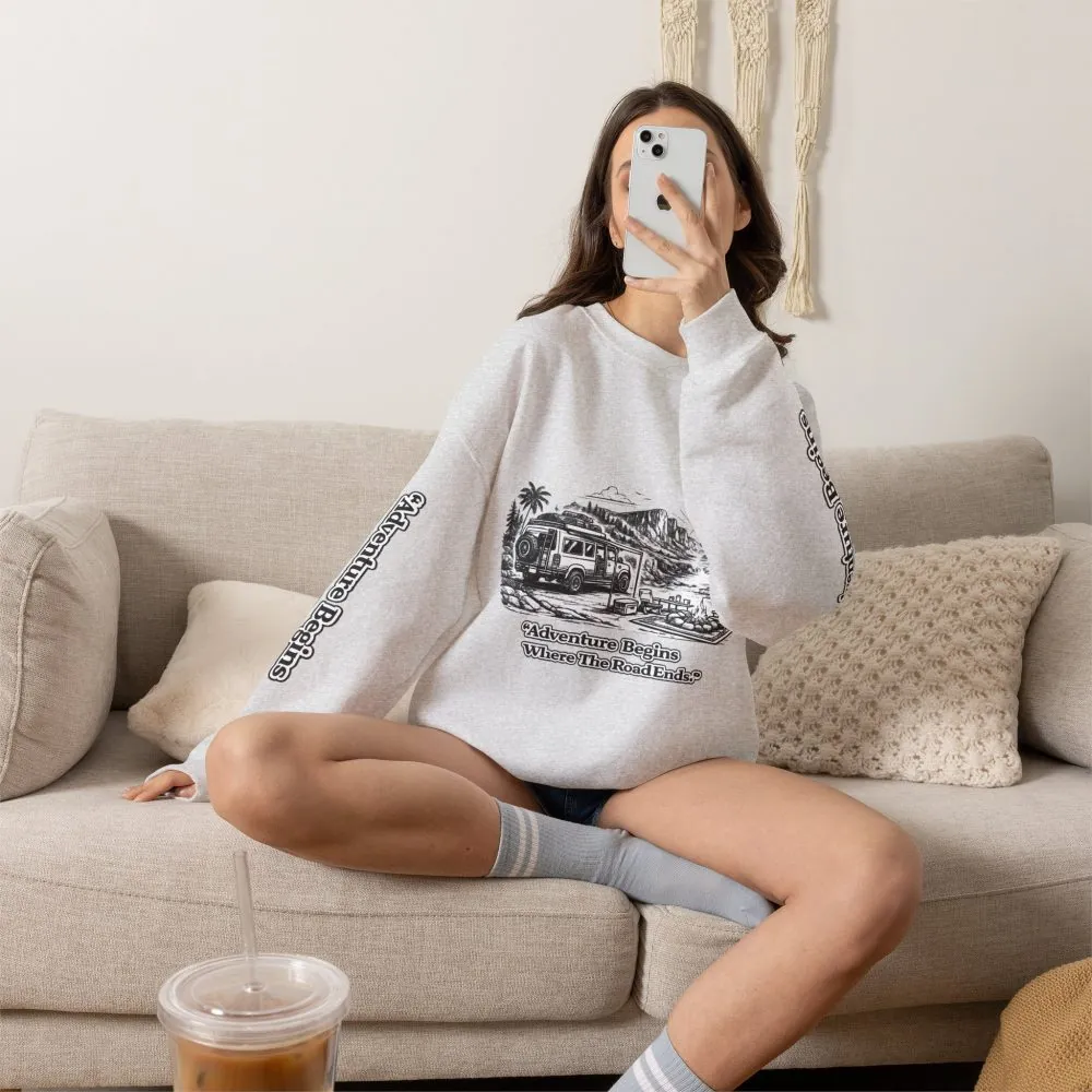 10951252920034298589_2048.jpeg Unisex Heavy Blend™ Crewneck Sweatshirt — "Adventure Begins Where The Road Ends" Design Minimal-Line