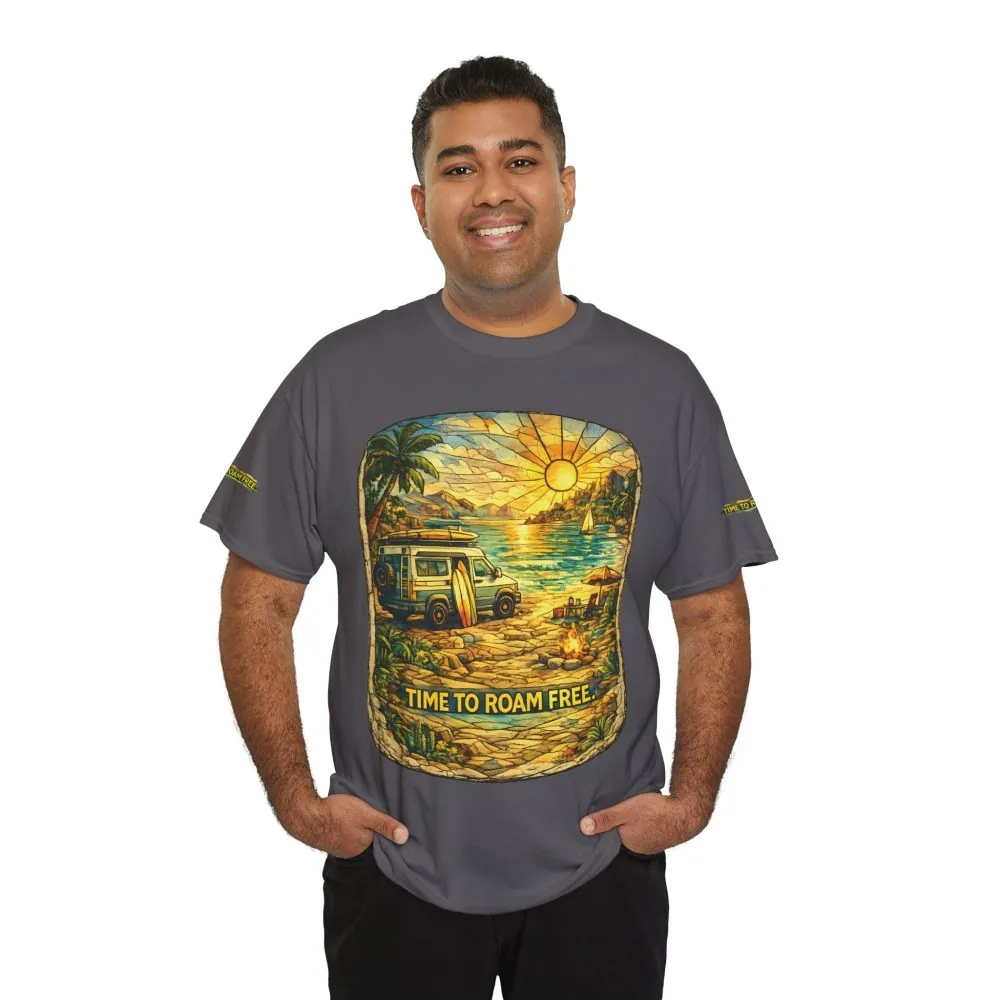 Unisex Heavy Cotton Tee — "Time To Roam Free" Design Cubic-Line
