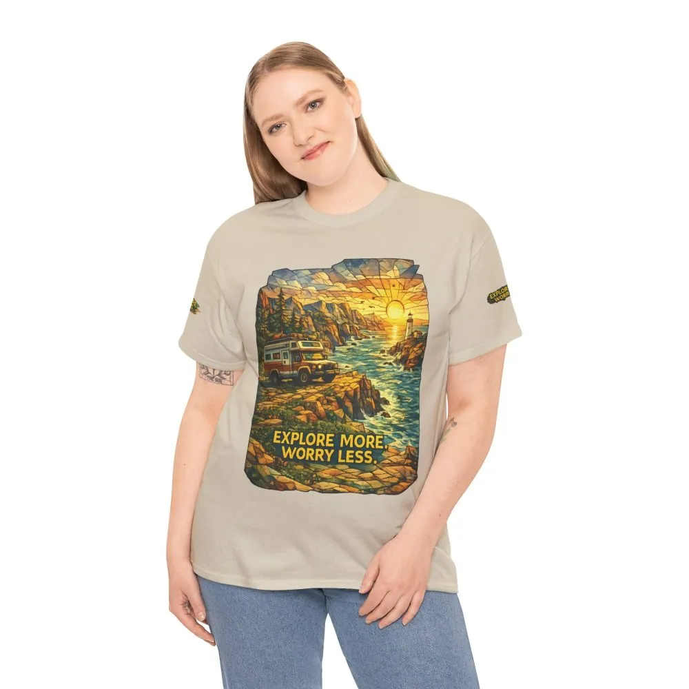 10973422053461482_2048.jpeg Unisex Heavy Cotton Tee — "Explore More Worry Less" Design Cubic-Line