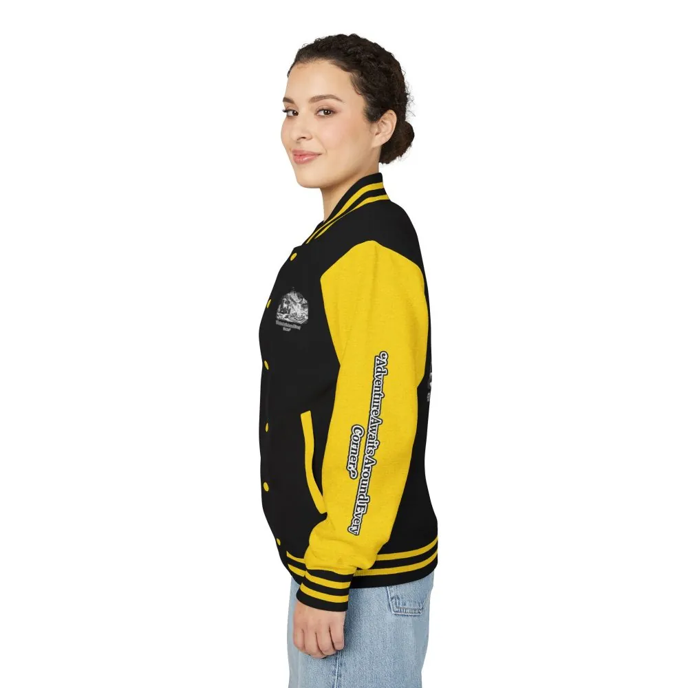 10975589504819148754_2048.jpeg Unisex Heavyweight Letterman Jacket — "Adventure Awaits Around Every Corner" Travel Varsity Coat