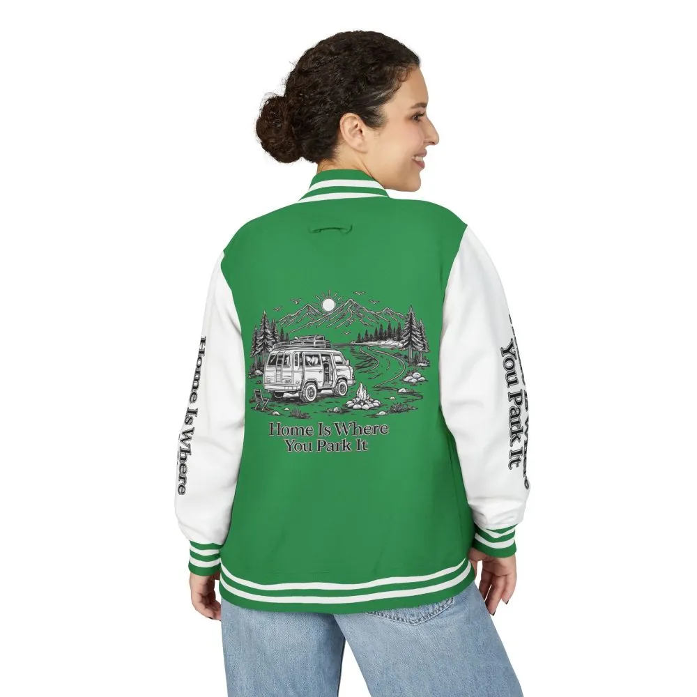 10986568875620397482_2048.jpeg Unisex Heavyweight Letterman Jacket — "Home Is Where You Park It" Travel Varsity Coat