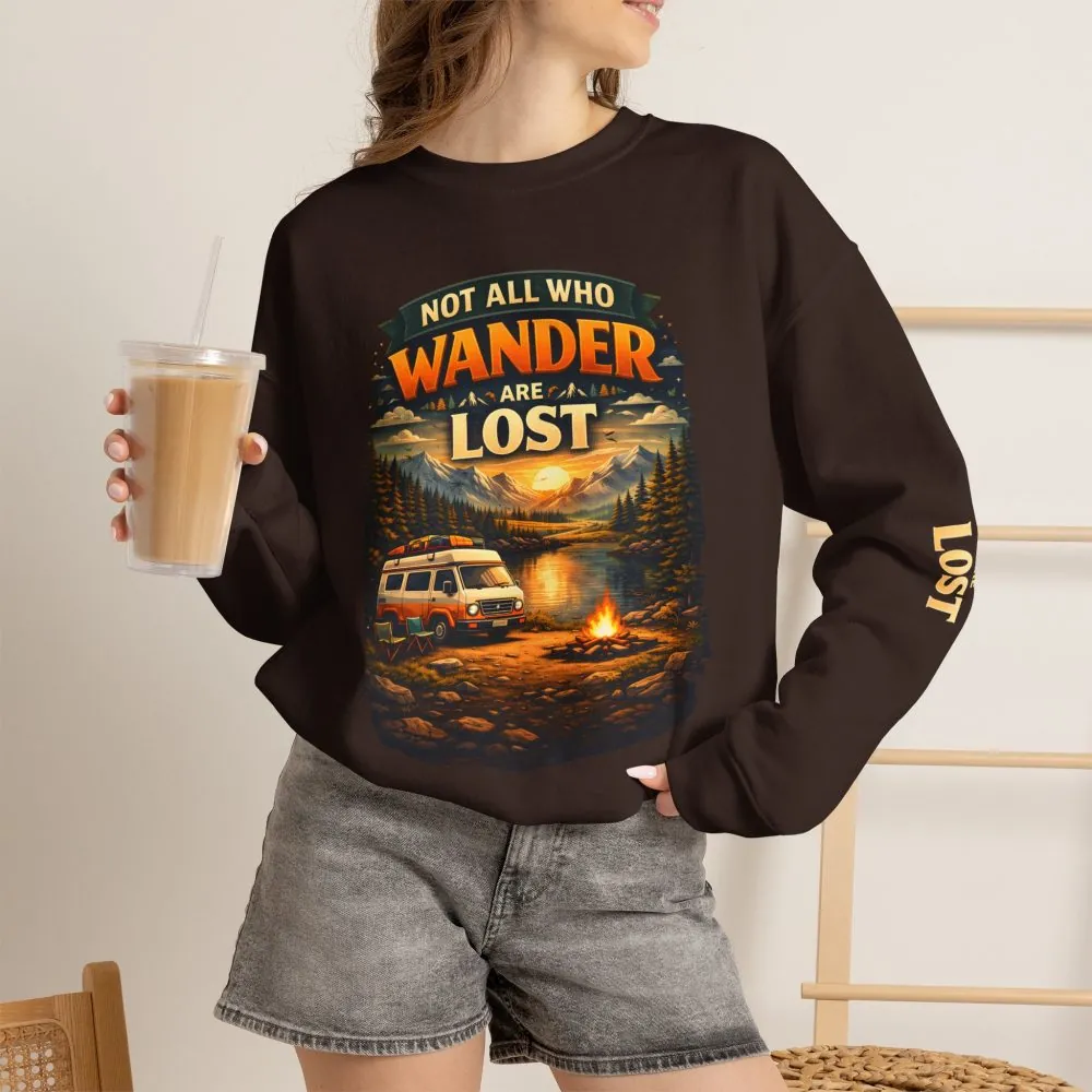 Unisex Heavy Blend™ Crewneck Sweatshirt — "Not All Who Wander Are Lost" Design Scenic-Line