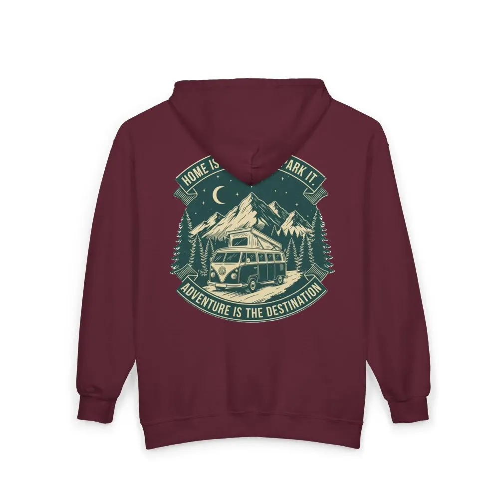 11020105169425606625_2048.jpeg Zip Hoodie — "Home Is Where You Park It-Adventure is the destination"(Only Back Printed) Camper Van Adventure Zip-Up
