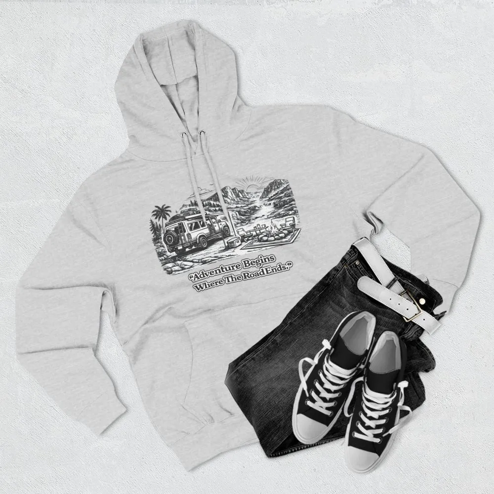 1102199897779707351_2048.jpeg Three-Panel Fleece Hoodie - "Adventure Begins Where The Road Ends" Design Minimal-Line