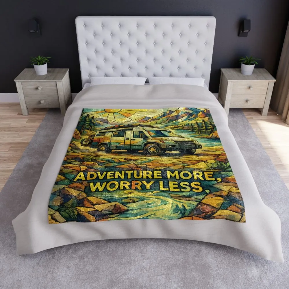 Crushed Velvet Blanket —"Adventure More Worry Less" Design Cubic-Line (Campervan)