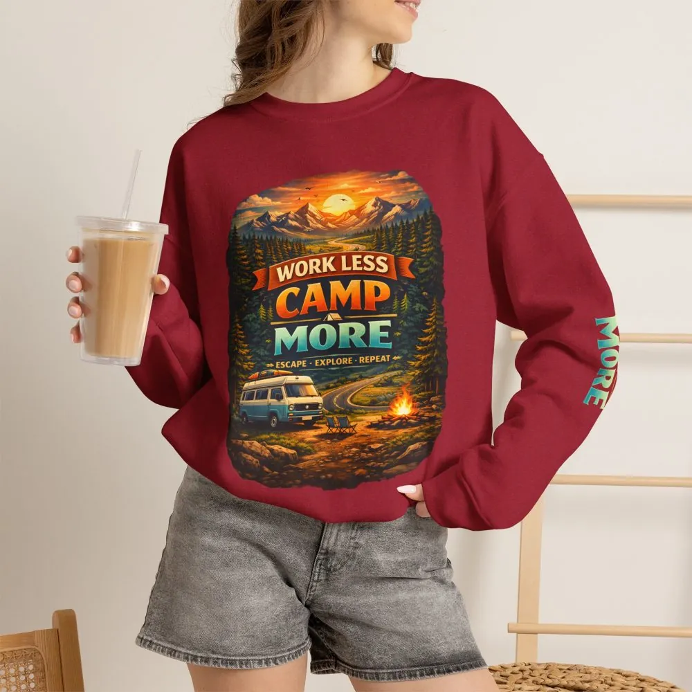 11052840008961138138_2048.jpeg Unisex Heavy Blend™ Crewneck Sweatshirt — "Work Less-Camp More" Design Scenic-Line