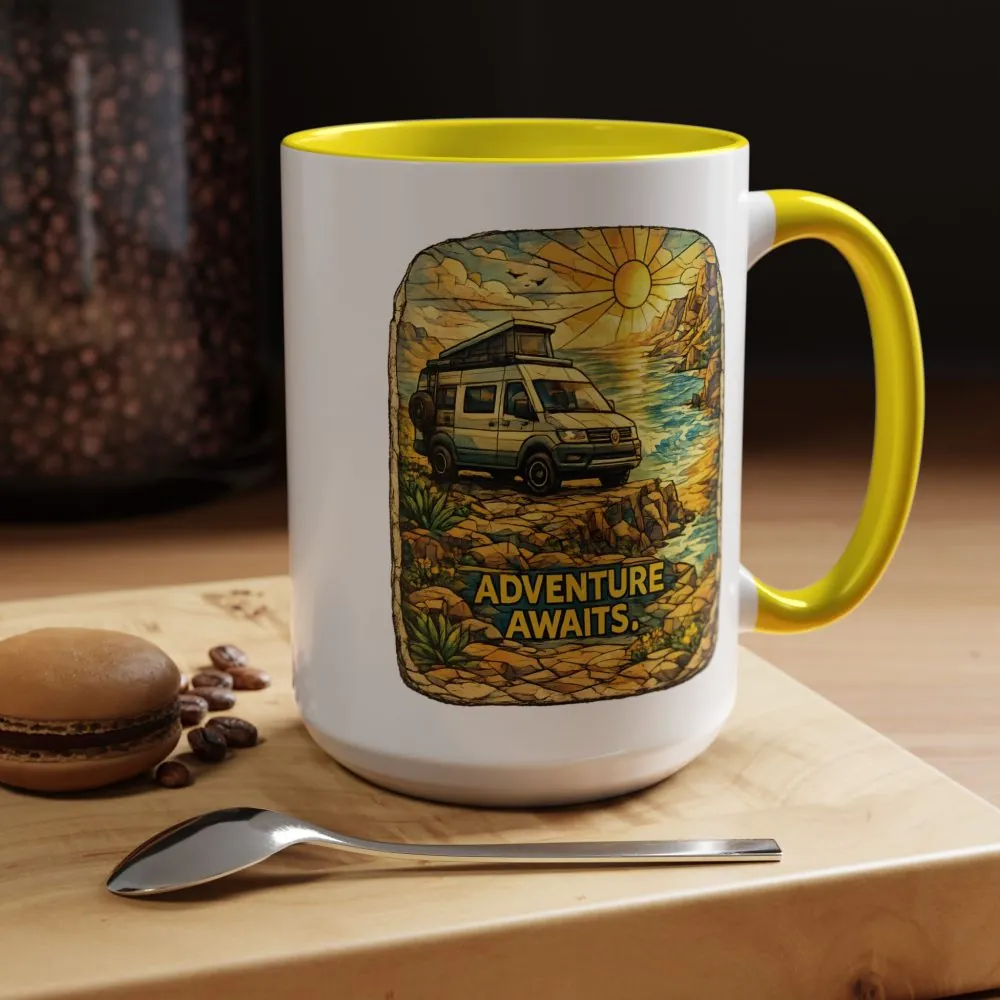 Accent Coffee Mug (11, 15oz) — "Adventure Awaits" Design Cubic-Line
