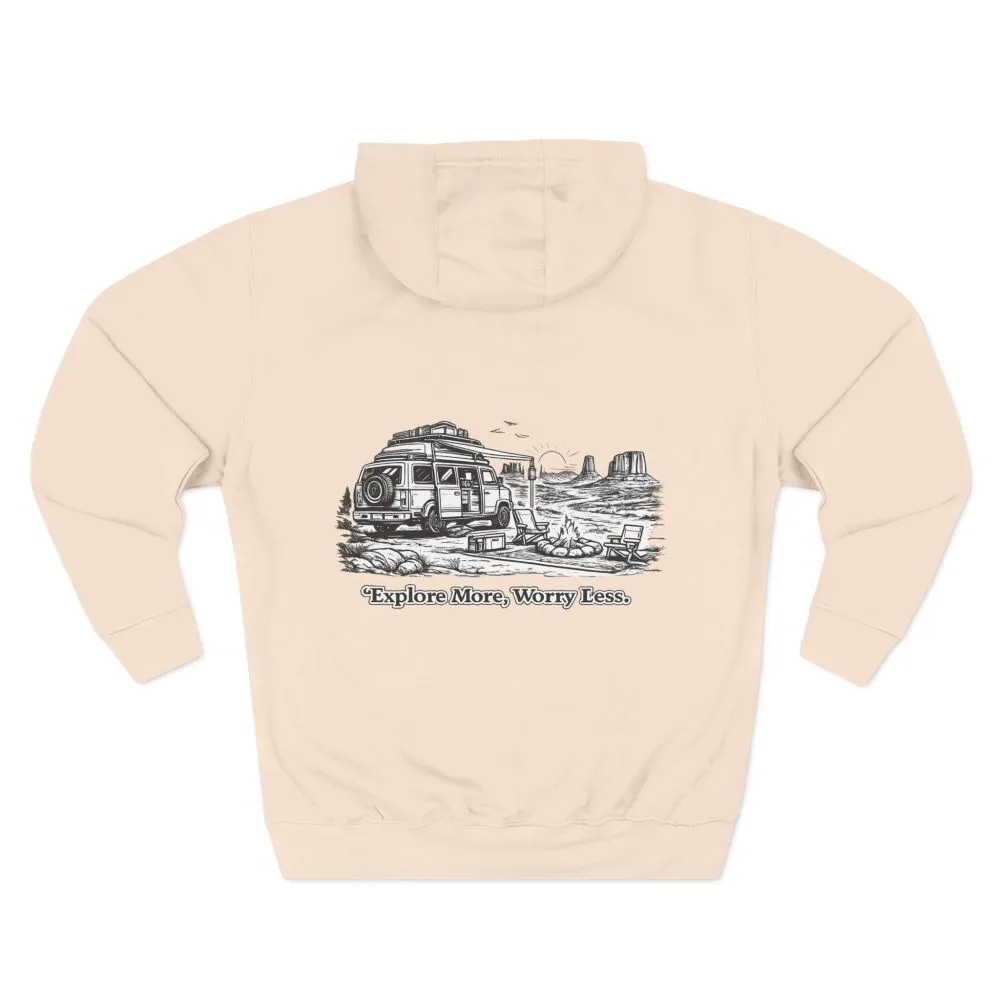Three-Panel Fleece Hoodie - "Explore More Worry Less" Design Minimal-Line