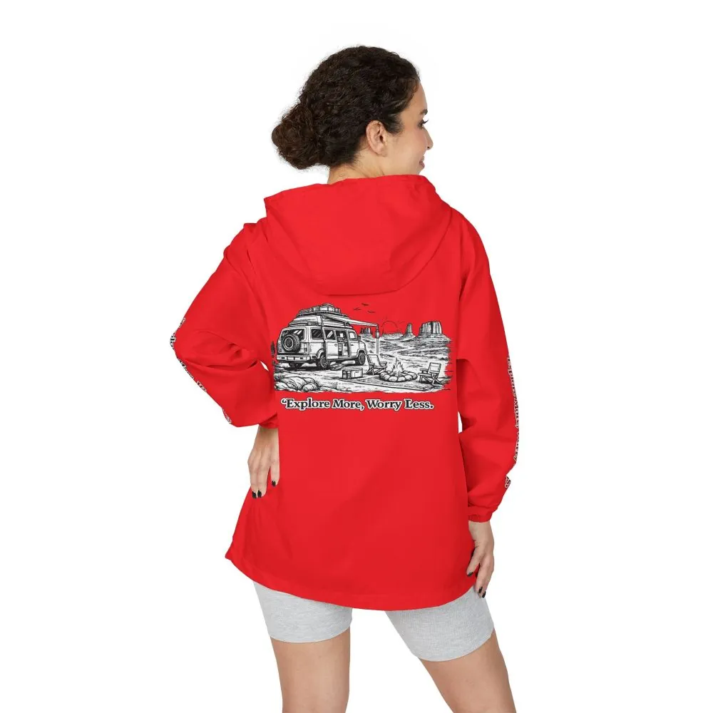 Unisex Full-Zip Windbreaker Jacket — "Explore More, Worry Less" (Design "Minimal-Line")