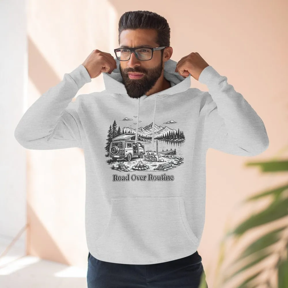 Three-Panel Fleece Hoodie - "Road Over Routine" Design Minimal-Line