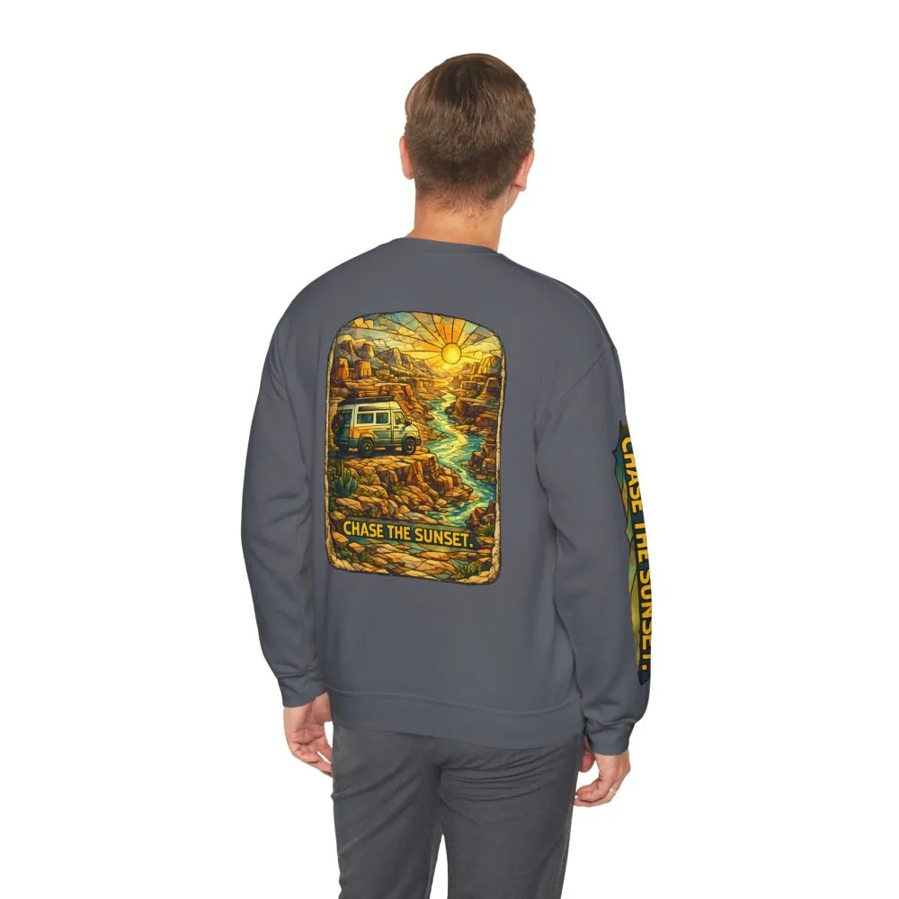 Unisex Heavy Blend™ Crewneck Sweatshirt — "Chase The Sunset" Design Cubic-Line