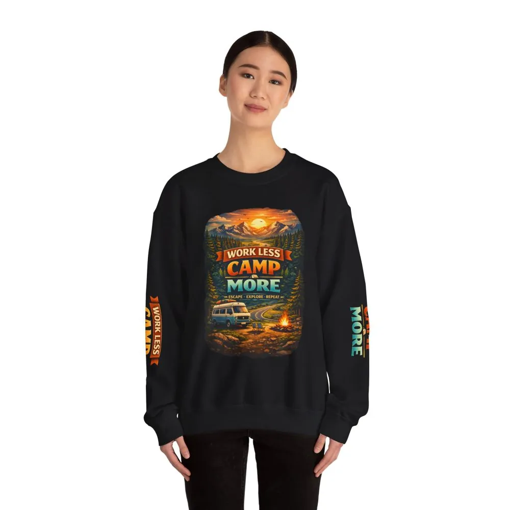 11141221226908689121_2048.jpeg Unisex Heavy Blend™ Crewneck Sweatshirt — "Work Less-Camp More" Design Scenic-Line