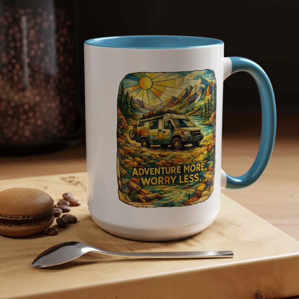 Accent Coffee Mug (11, 15oz) — "Adventure More Worry Less" Design Cubic-Line