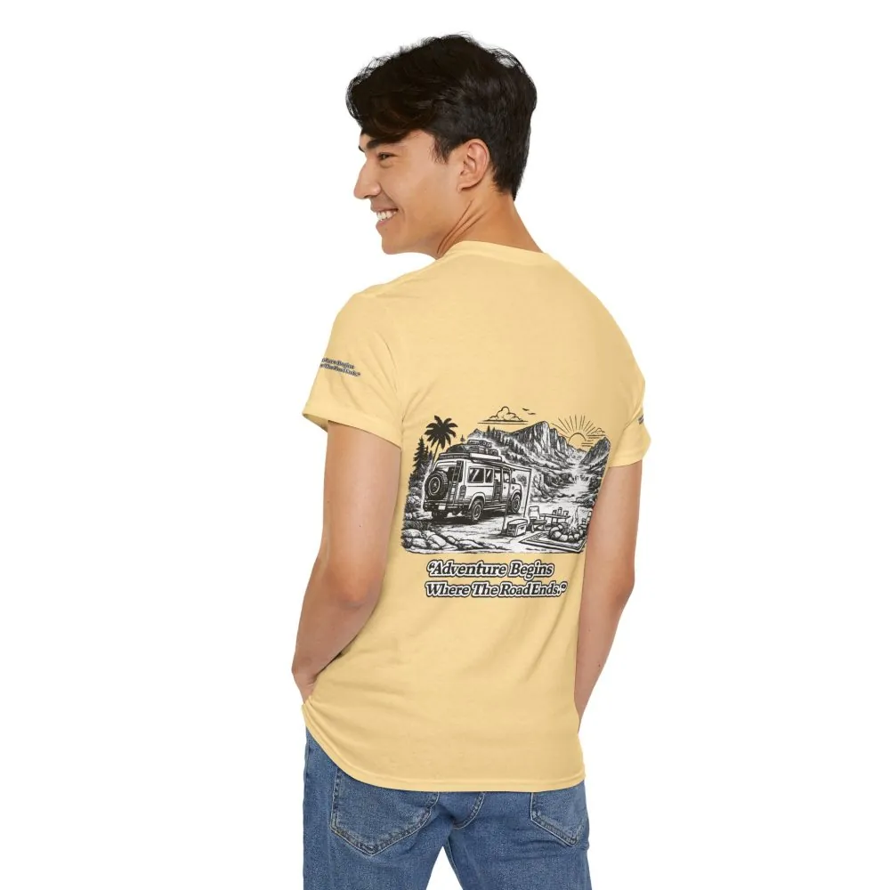 11169996010156405161_2048.jpeg Unisex Heavy Cotton Tee — "Adventure Begins Where The Road Ends" Design Minimal-Line