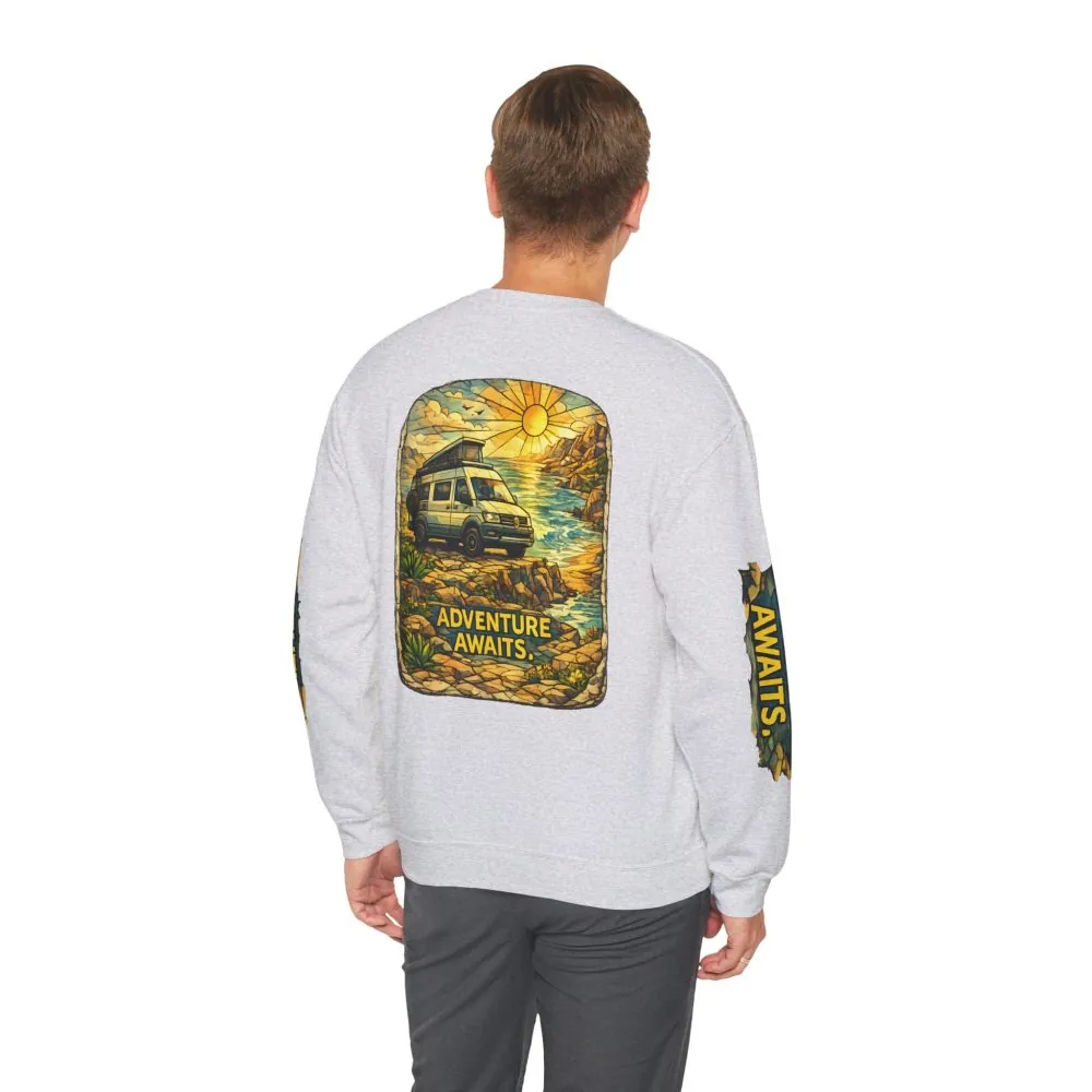 Unisex Heavy Blend™ Crewneck Sweatshirt — "Adventure Awaits" Design Cubic-Line