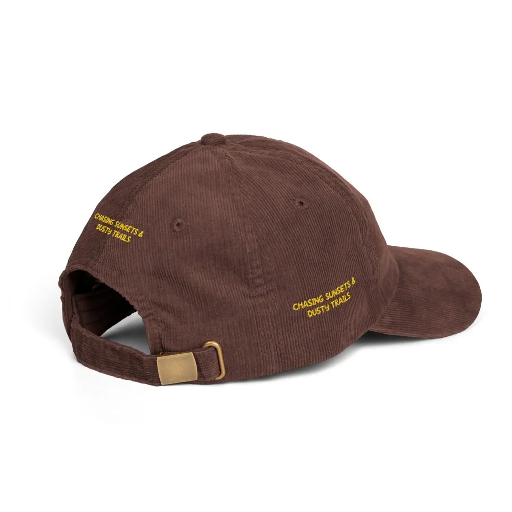 Vintage Corduroy Cap (Embroidery) — "Chasing Sunsets & Dusty Trails" Embroidered Hat