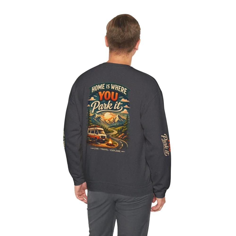 Unisex Heavy Blend™ Crewneck Sweatshirt — "Home Is Where You Park It" Design Scenic-Line