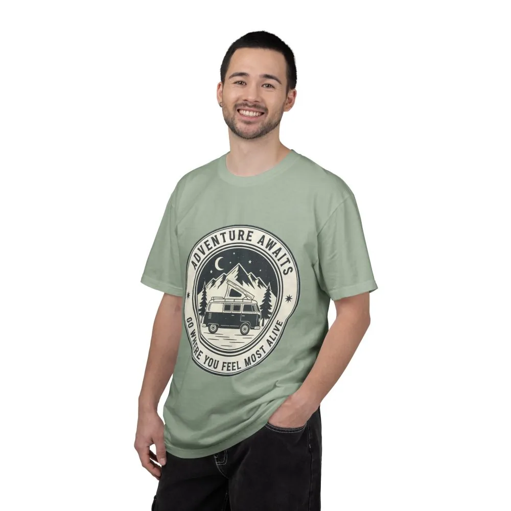 1125376658822177723_2048.jpeg T-Shirt — "Adventure Awaits-Go Where You Feel Most Alive" (Only Front Printed) Outdoor Travel Tee