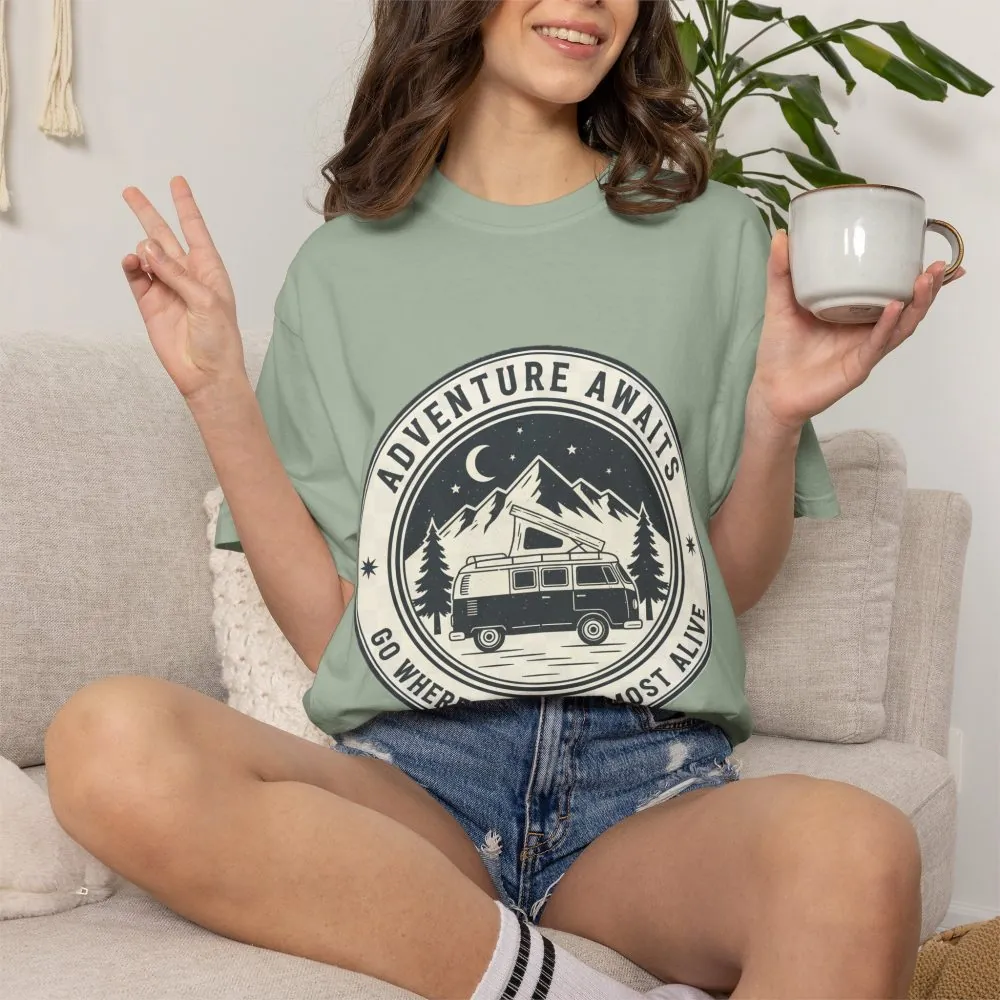11274882383160291989_2048.jpeg T-Shirt — "Adventure Awaits-Go Where You Feel Most Alive" (Only Front Printed) Outdoor Travel Tee