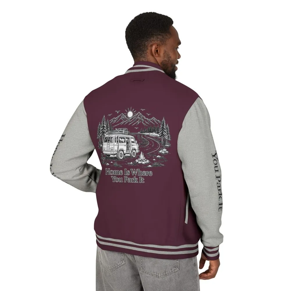 11319813442526023223_2048.jpeg Unisex Heavyweight Letterman Jacket — "Home Is Where You Park It" Travel Varsity Coat