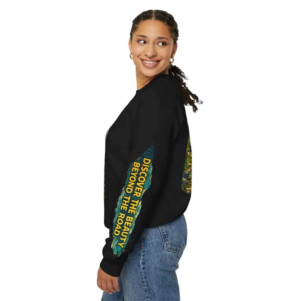 Unisex Heavy Blend™ Crewneck Sweatshirt — "Discover The Bieuty Beyond The Road" Design Cubic-Line