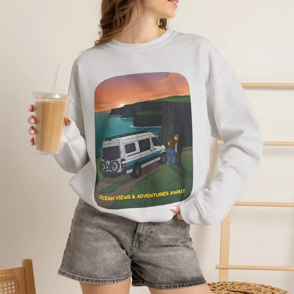 Unisex Heavy Blend™ Crewneck Sweatshirt — "Ocean Views-Adventures Awaits" Design Sitcom-Line