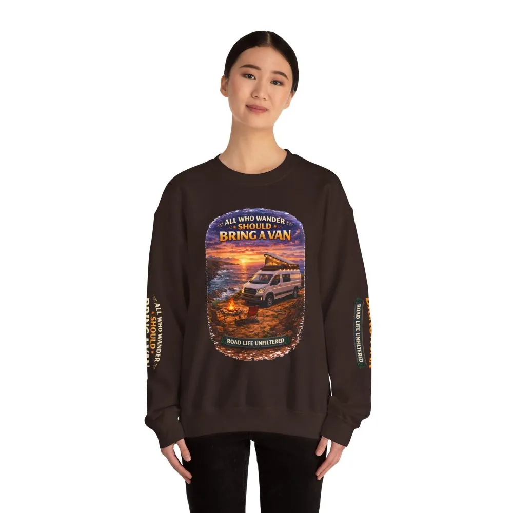 11341312399176746275_2048.jpeg Unisex Heavy Blend™ Crewneck Sweatshirt — "All Who wander Should Bring A Van" Design Scenic-Line
