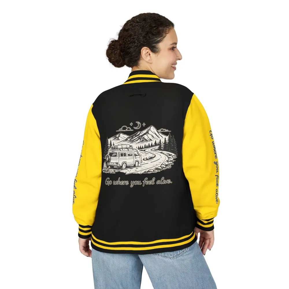 11344044288530296642_2048.jpeg Unisex Heavyweight Letterman Jacket — "Go Where You Feel Alive" Travel Varsity Coat